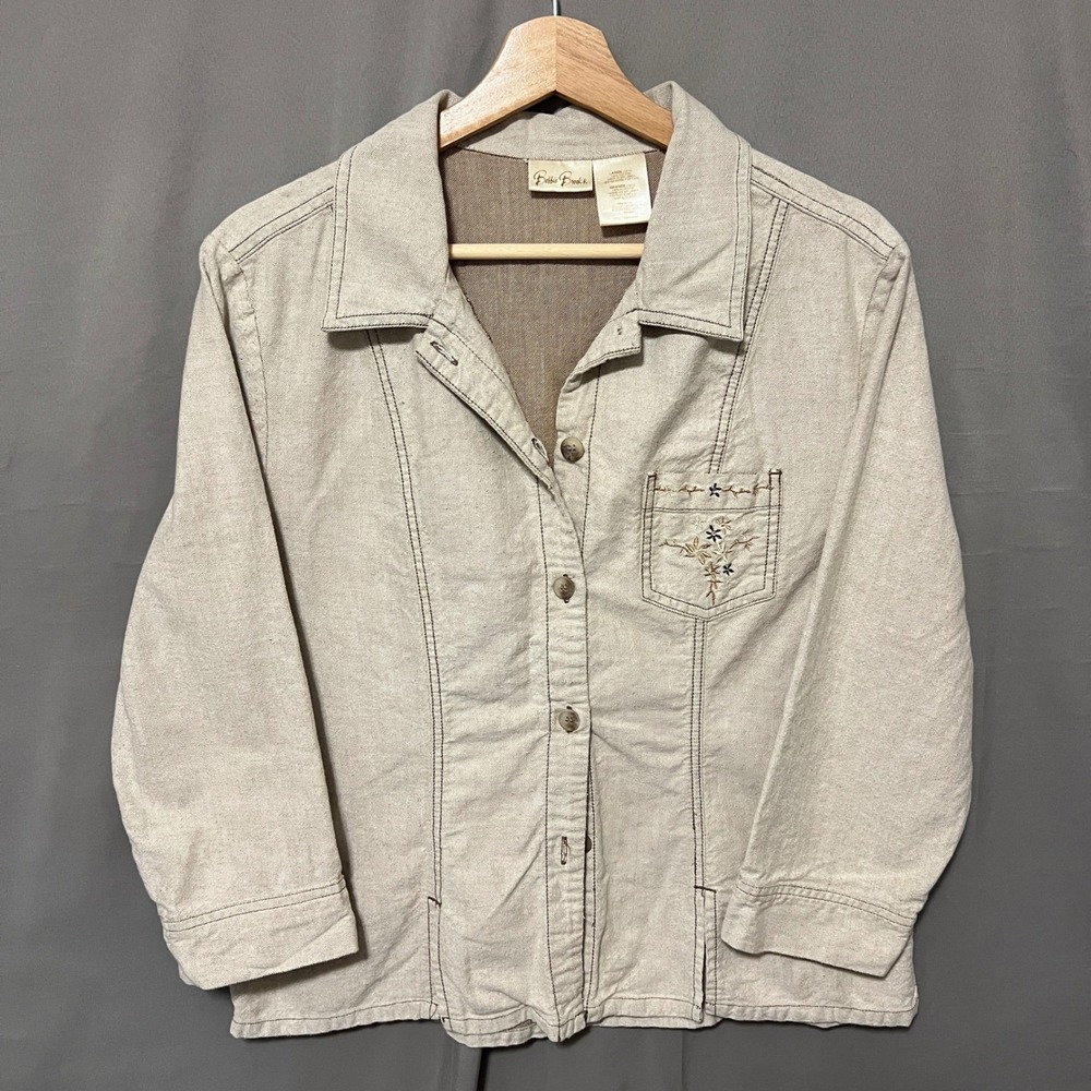 Bobbie Brooks Y2K Embroidered Cotton Jacket Button Front‎ 3/4 Sleeve Oatmeal L - Picture 4 of 8